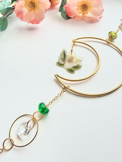 Handmade + Hand-Illustrated Southern Magnolia Flower Suncatcher with Green Beads