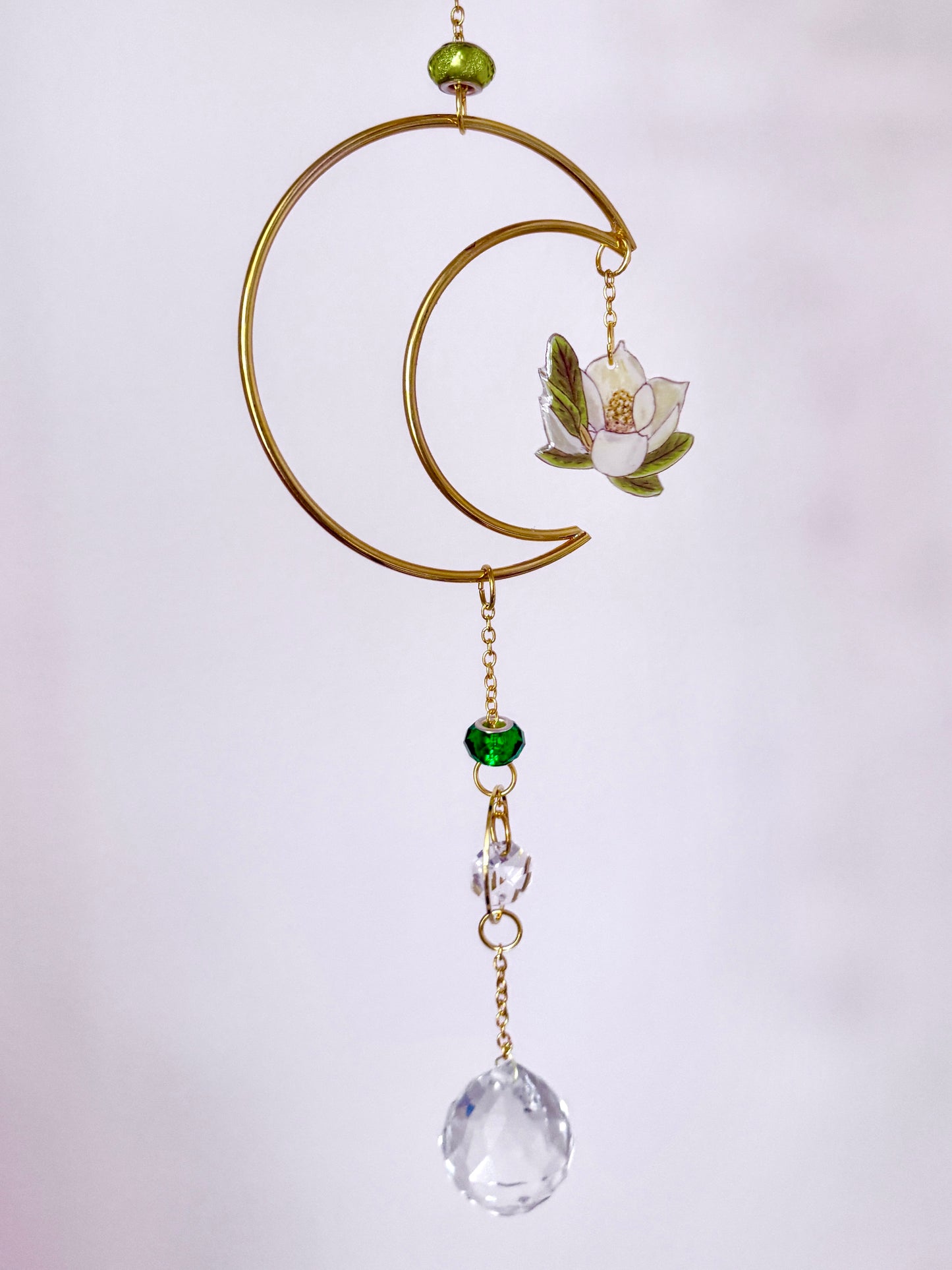 Handmade + Hand-Illustrated Southern Magnolia Flower Suncatcher with Green Beads