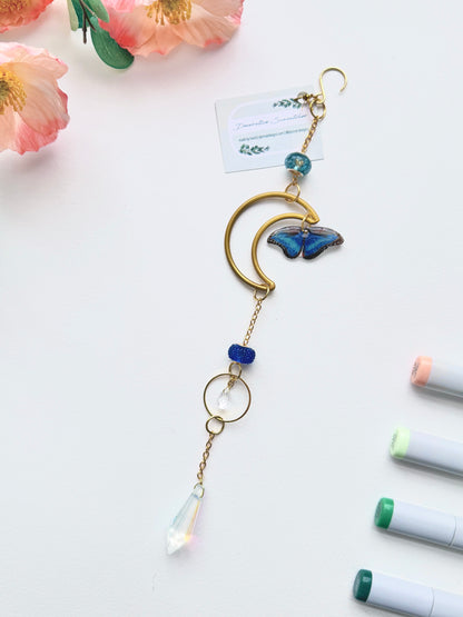 Handmade + Hand-Illustrated Blue Morpho Butterfly Suncatcher with Blue Beads