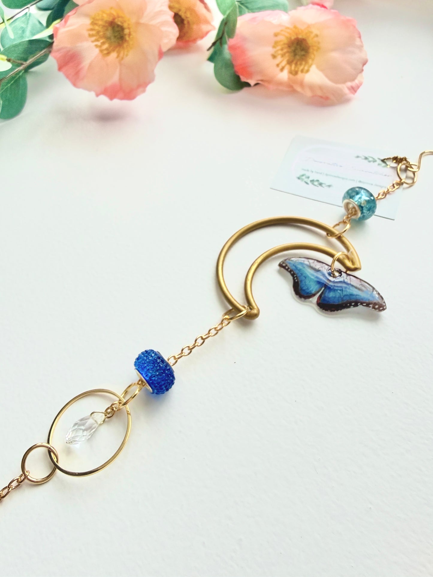 Handmade + Hand-Illustrated Blue Morpho Butterfly Suncatcher with Blue Beads