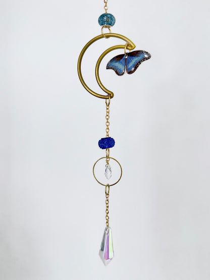 Handmade + Hand-Illustrated Blue Morpho Butterfly Suncatcher with Blue Beads