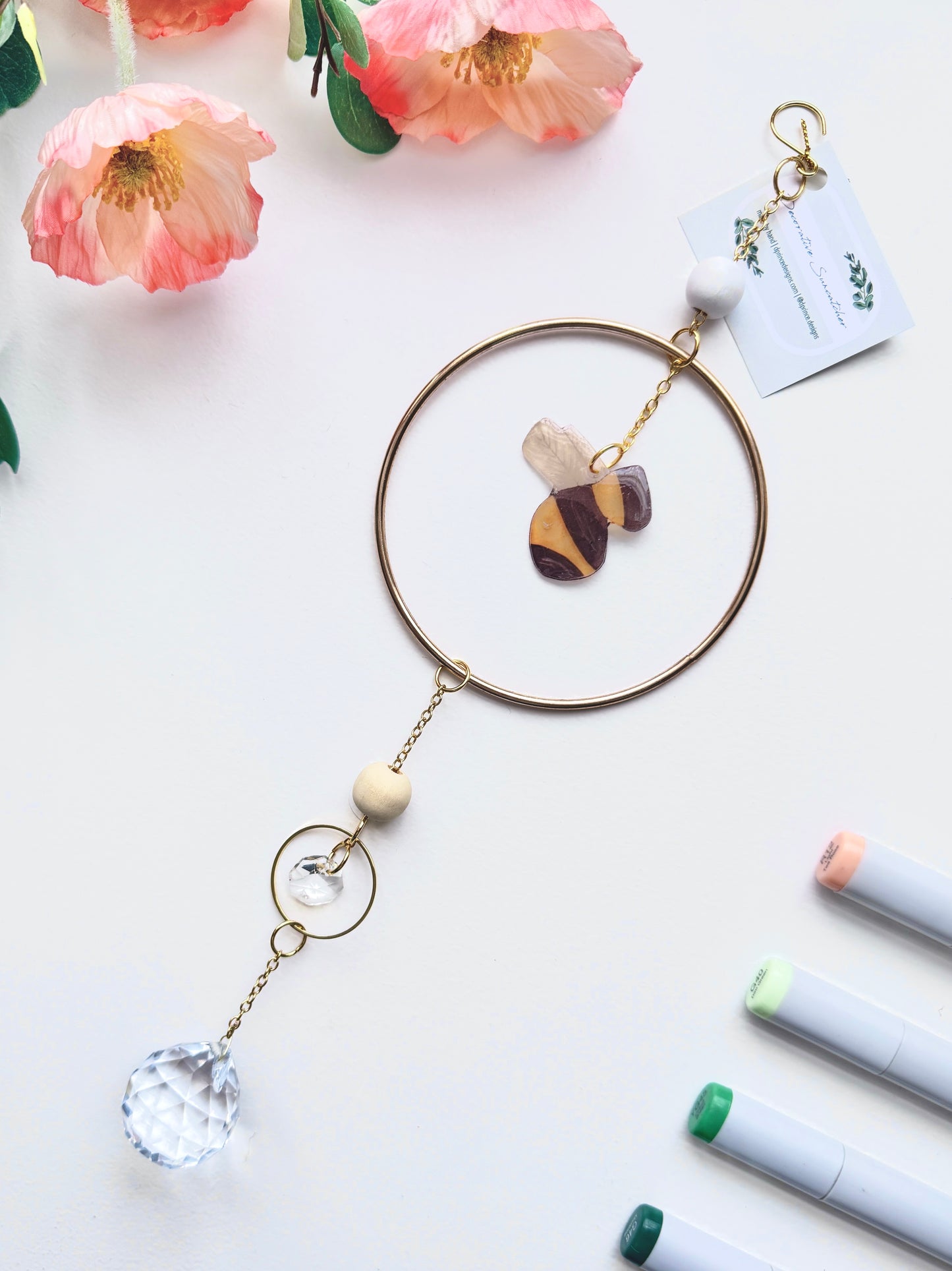 Handmade + Hand-Illustrated Bumblebee Suncatcher with Wood Beads