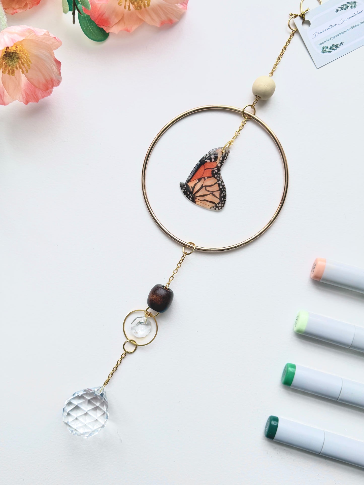 Handmade + Hand-Illustrated Monarch Butterfly Suncatcher with Wood Beads
