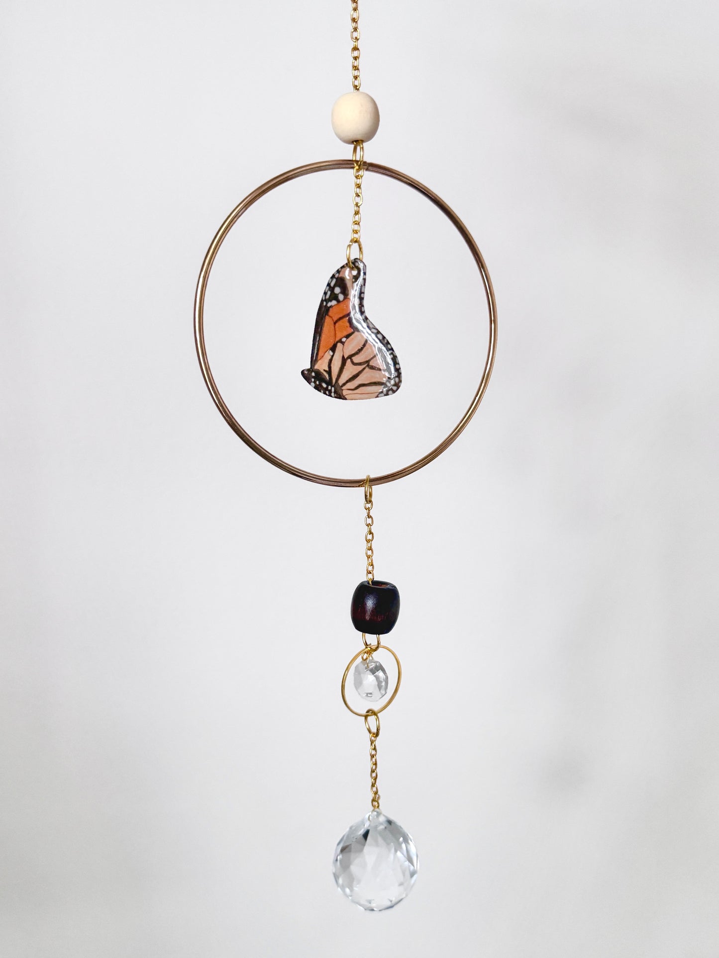 Handmade + Hand-Illustrated Monarch Butterfly Suncatcher with Wood Beads