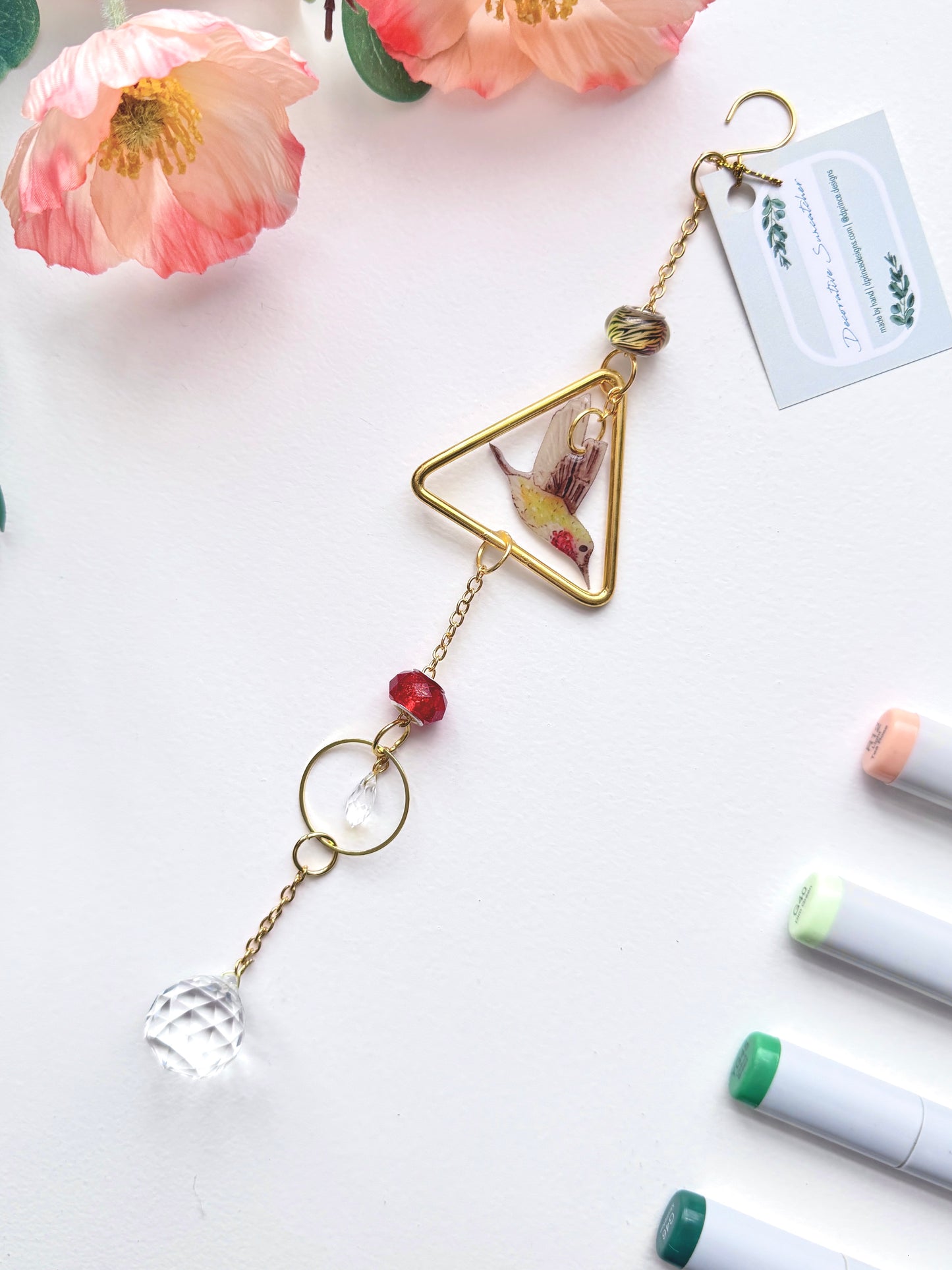 Handmade + Hand-Illustrated Hummingbird Suncatcher with Green and Red Beads