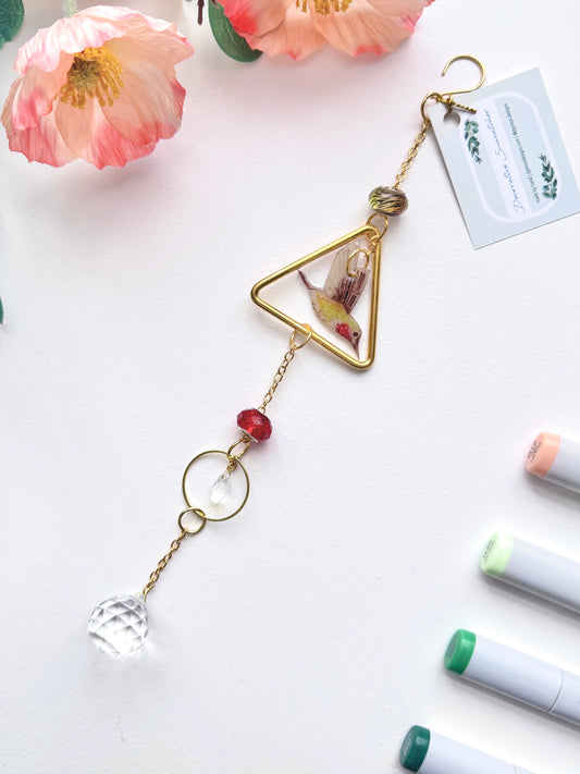 Handmade + Hand-Illustrated Hummingbird Suncatcher with Green and Red Beads
