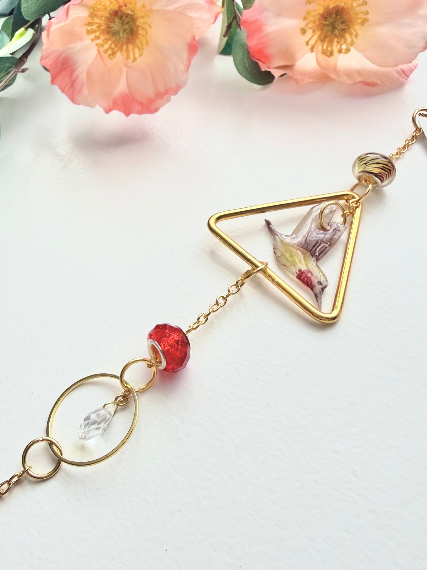 Handmade + Hand-Illustrated Hummingbird Suncatcher with Green and Red Beads