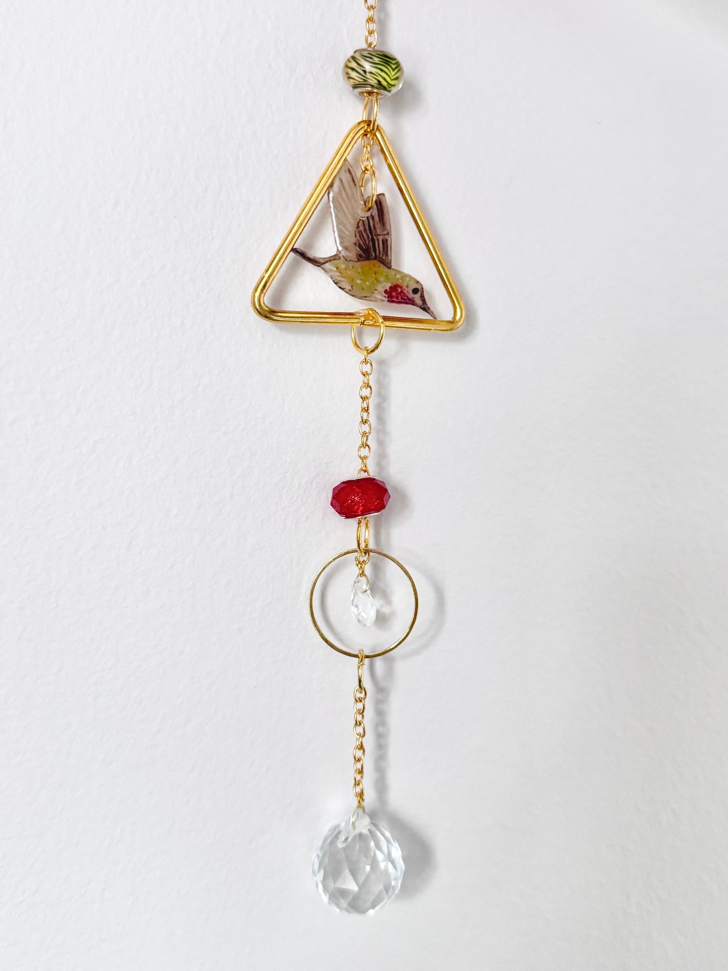 Handmade + Hand-Illustrated Hummingbird Suncatcher with Green and Red Beads