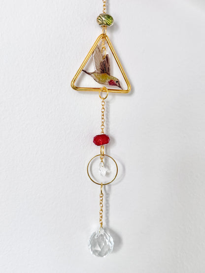 Handmade + Hand-Illustrated Hummingbird Suncatcher with Green and Red Beads