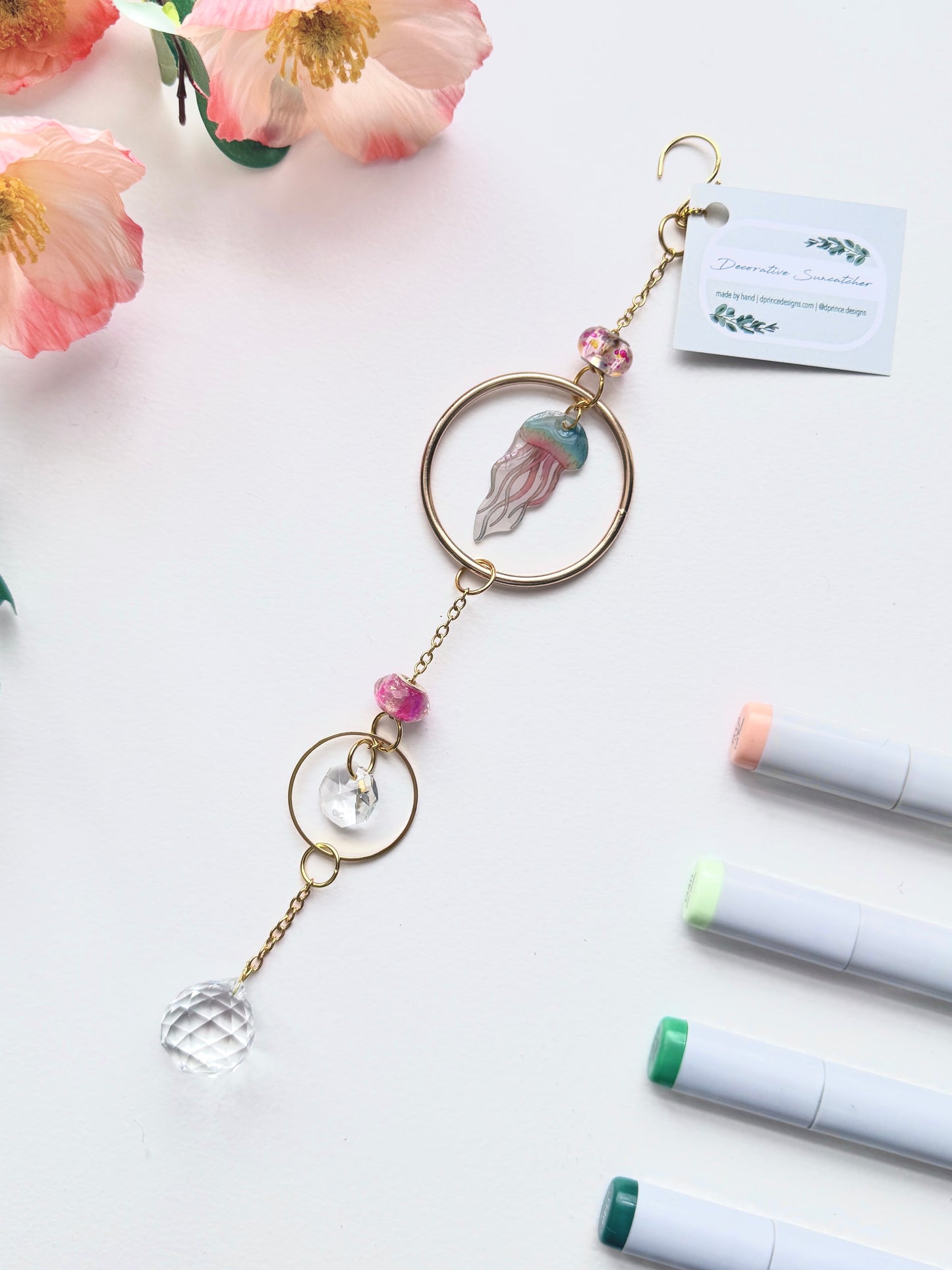 Handmade + Hand-Illustrated Jellyfish Suncatcher with Pink Beads
