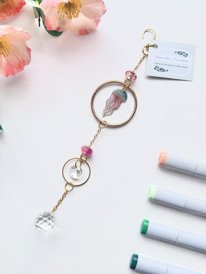 Handmade + Hand-Illustrated Jellyfish Suncatcher with Pink Beads