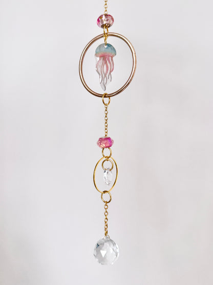 Handmade + Hand-Illustrated Jellyfish Suncatcher with Pink Beads
