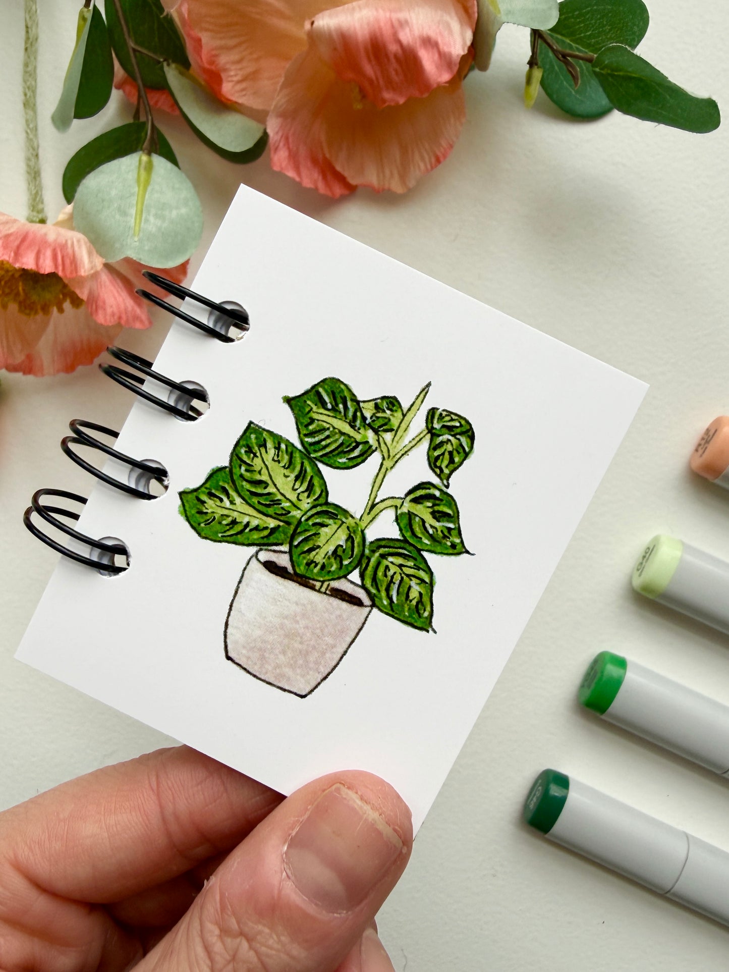 Hand-Illustrated + Handmade Mini Notebook/Sketchbook | Maranta Houseplant