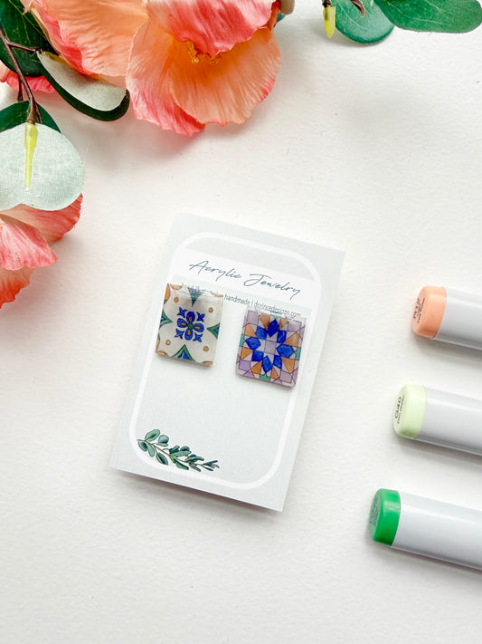 Handmade Acrylic + Resin Stud Earrings | Portuguese Tiles