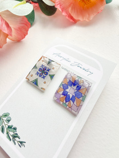 Handmade Acrylic + Resin Stud Earrings | Portuguese Tiles