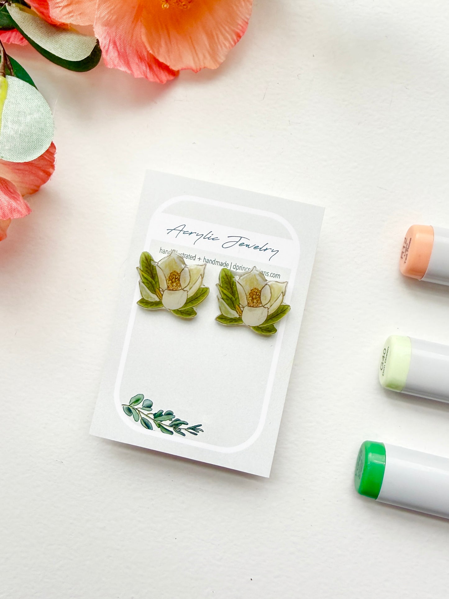 Hand-Illustrated Southern Magnolia Blossom | Handmade Acrylic Studs