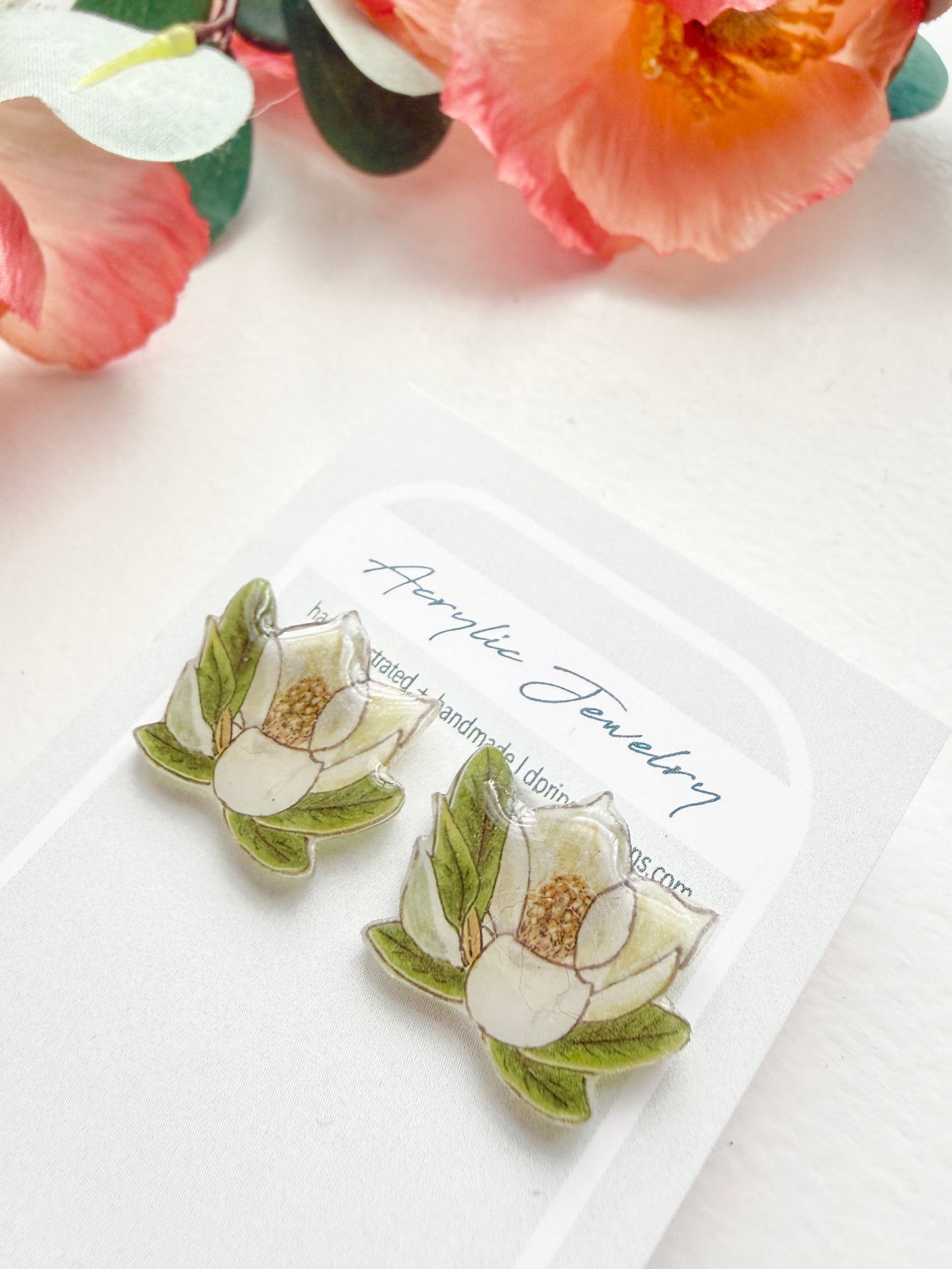 Hand-Illustrated Southern Magnolia Blossom | Handmade Acrylic Studs