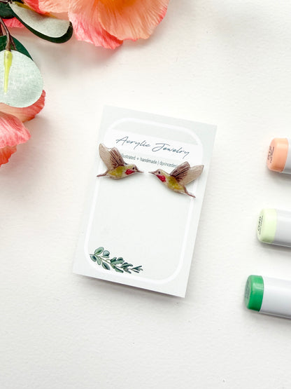 Handmade Acrylic + Resin Stud Earrings | Hummingbirds