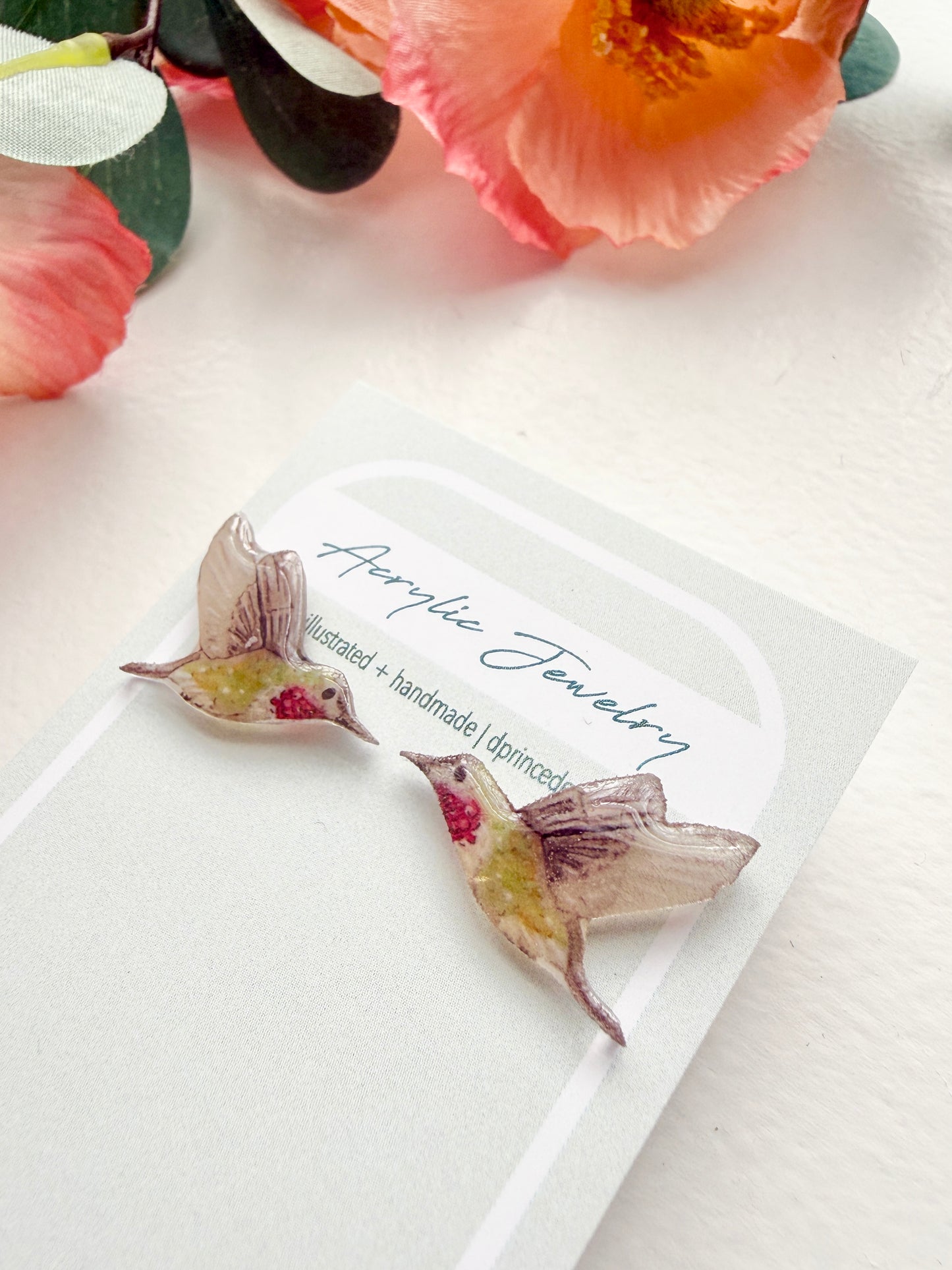 Handmade Acrylic + Resin Stud Earrings | Hummingbirds