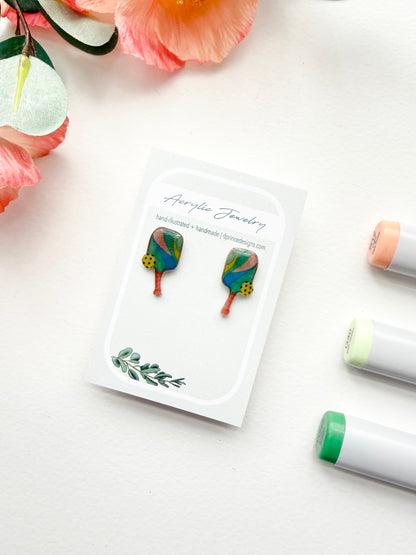 Handmade Acrylic + Resin Stud Earrings | Pickleball