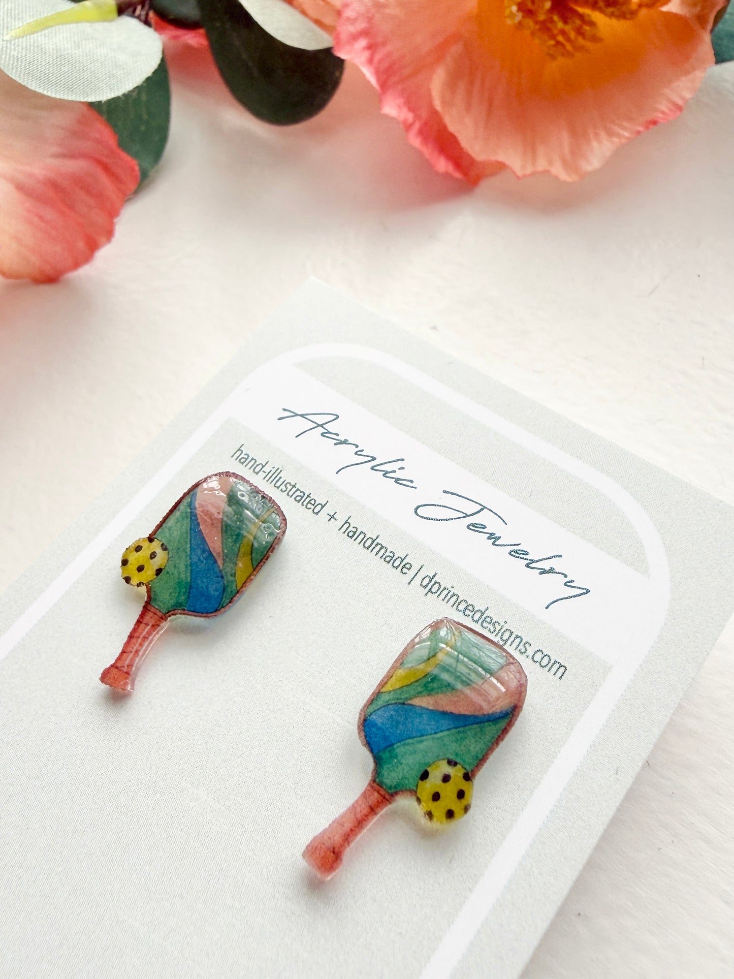 Handmade Acrylic + Resin Stud Earrings | Pickleball