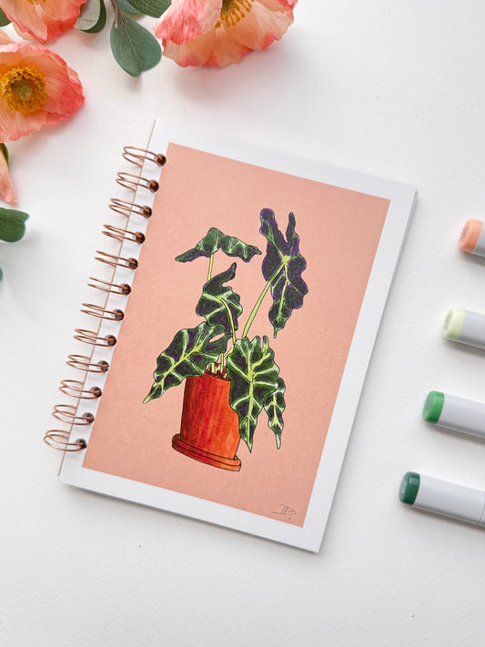 Elephant Ear Houseplant - Terra Cotta Background | Hand-Illustrated + Handmade Notebook/Sketchbook