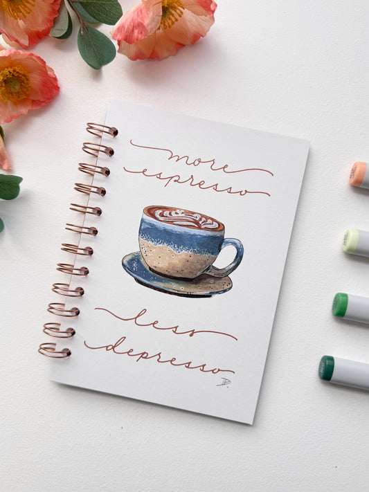More Espresso Less Depresso | Hand-Illustrated + Handmade Notebook/Sketchbook