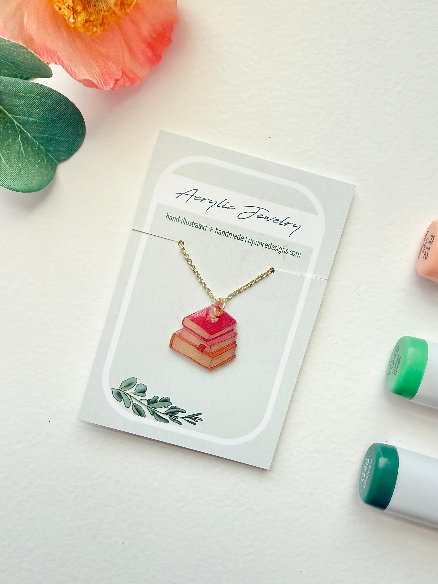 Hand-Illustrated Book Stack | Handmade Acrylic Necklace