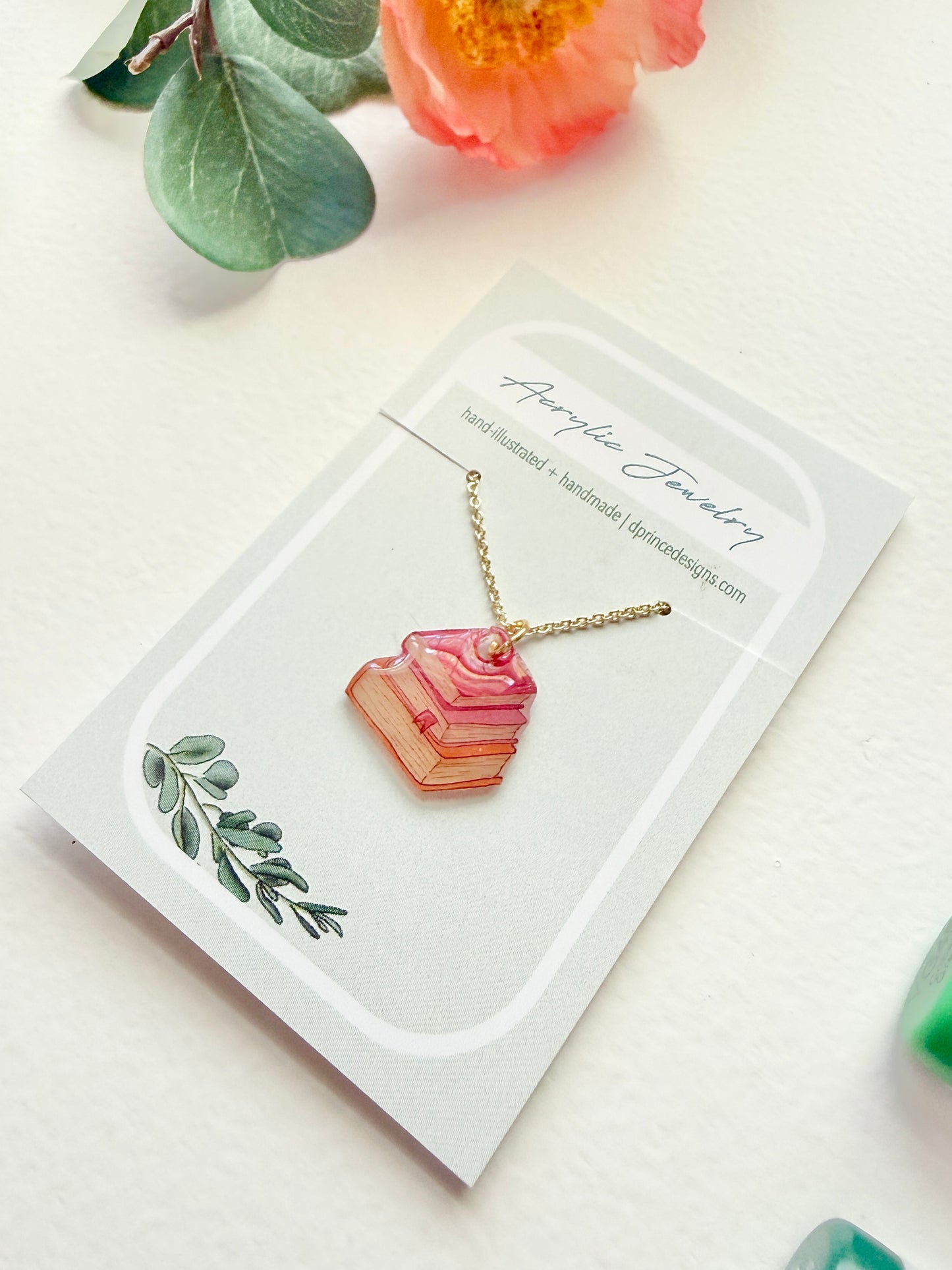 Hand-Illustrated Book Stack | Handmade Acrylic Necklace