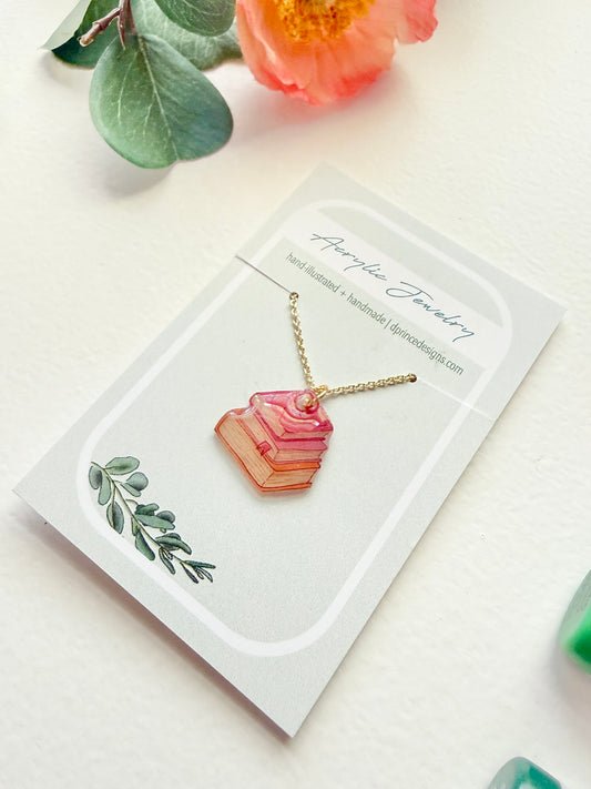 Hand-Illustrated Book Stack | Handmade Acrylic Necklace