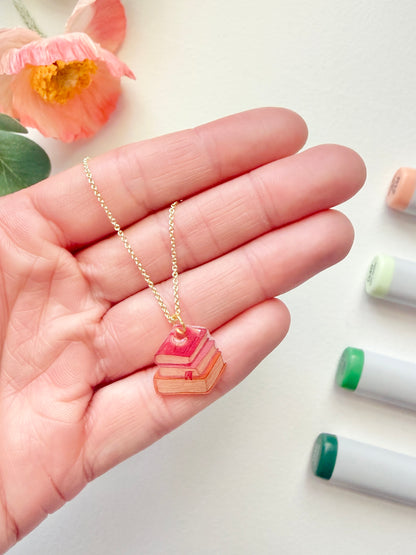 Hand-Illustrated Book Stack | Handmade Acrylic Necklace