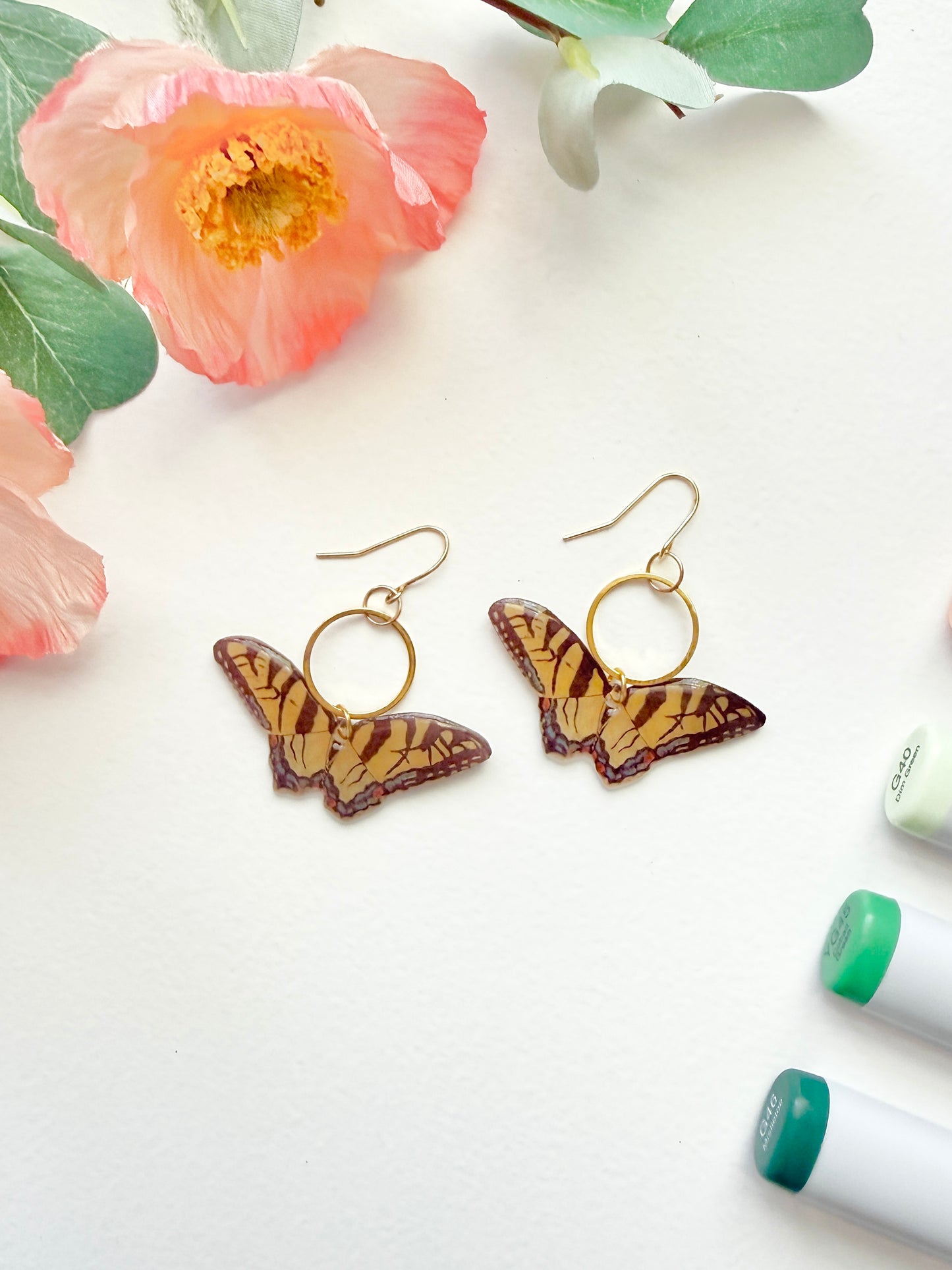 Hand-Illustrated Eastern Tiger Swallowtail Butterflies | Handmade Acrylic + Resin Dangle Earrings