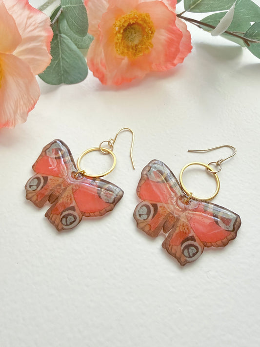 Hand-Illustrated Red Peacock Butterflies | Handmade Acrylic + Resin Dangle Earrings