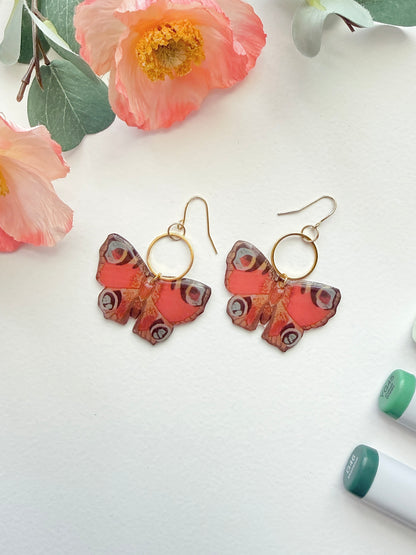 Hand-Illustrated Red Peacock Butterflies | Handmade Acrylic + Resin Dangle Earrings