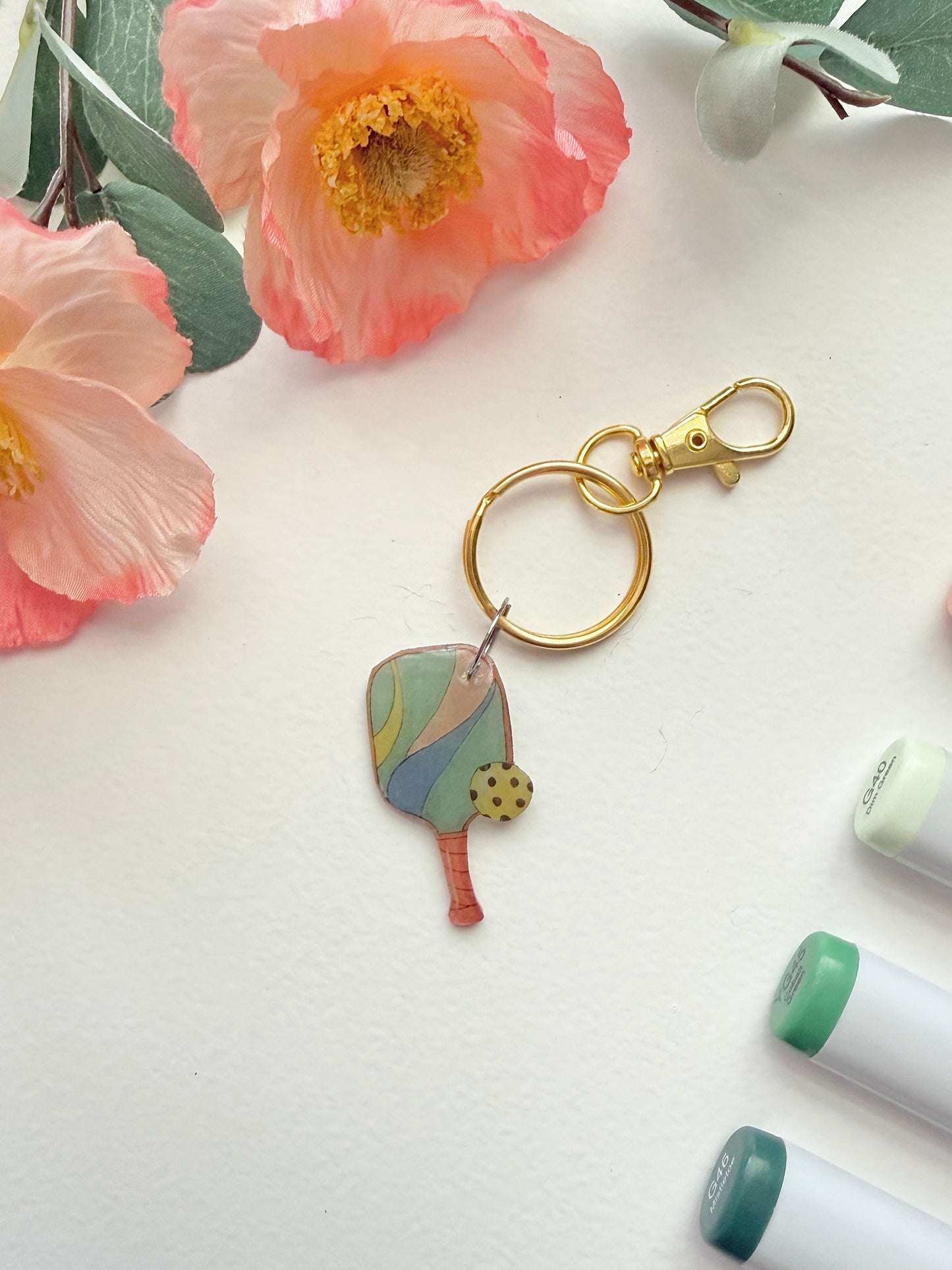 Hand-Illustrated Pickleball| Handmade Acrylic + Resin Keychain/Bag Charm