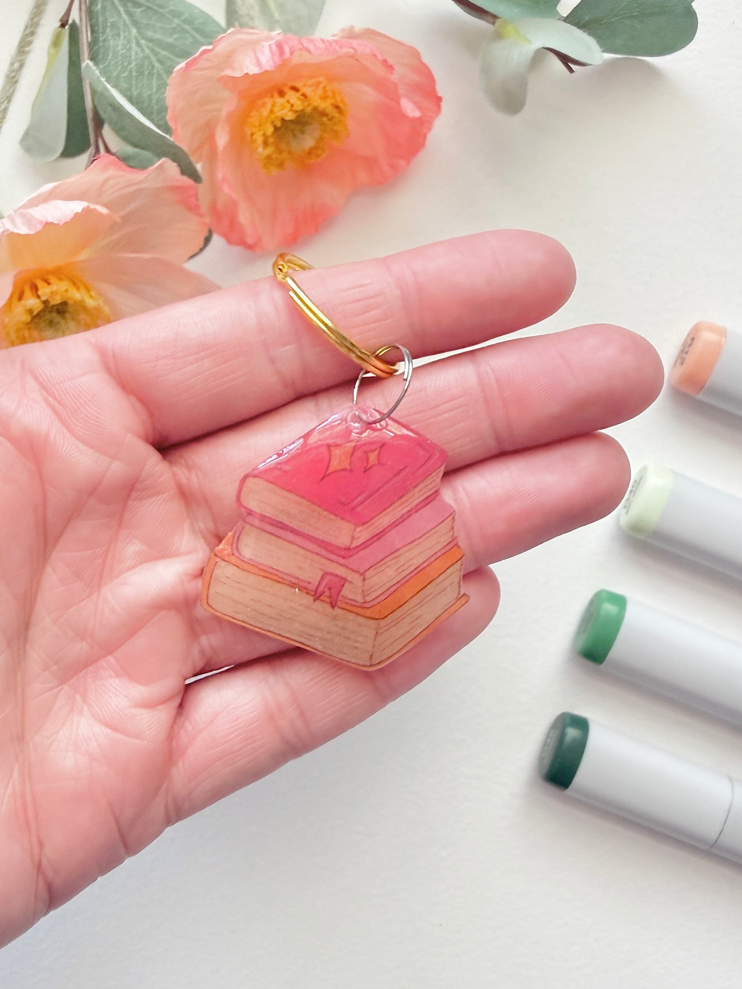 Hand-Illustrated Stack of Books | Handmade Acrylic + Resin Keychain/Bag Charm