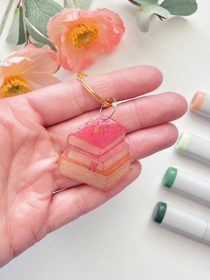 Hand-Illustrated Stack of Books | Handmade Acrylic + Resin Keychain/Bag Charm