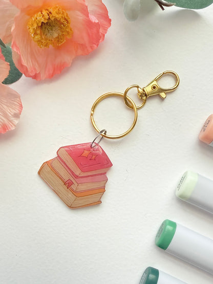 Hand-Illustrated Stack of Books | Handmade Acrylic + Resin Keychain/Bag Charm