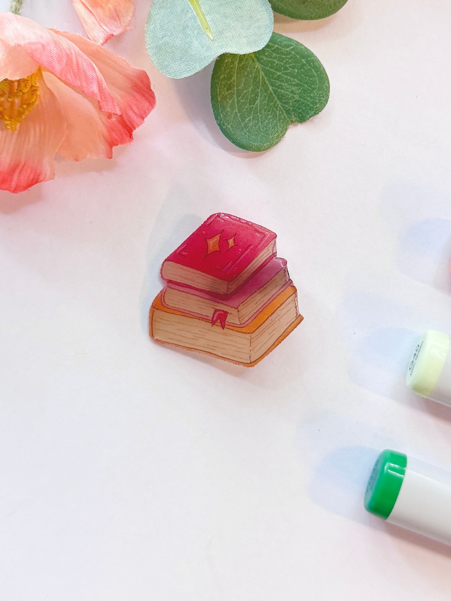 Hand-Illustrated + Handmade Stack of Books Resin Hair Clip