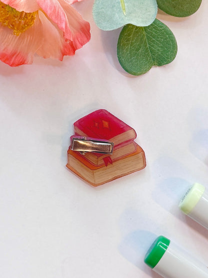 Hand-Illustrated + Handmade Stack of Books Resin Hair Clip