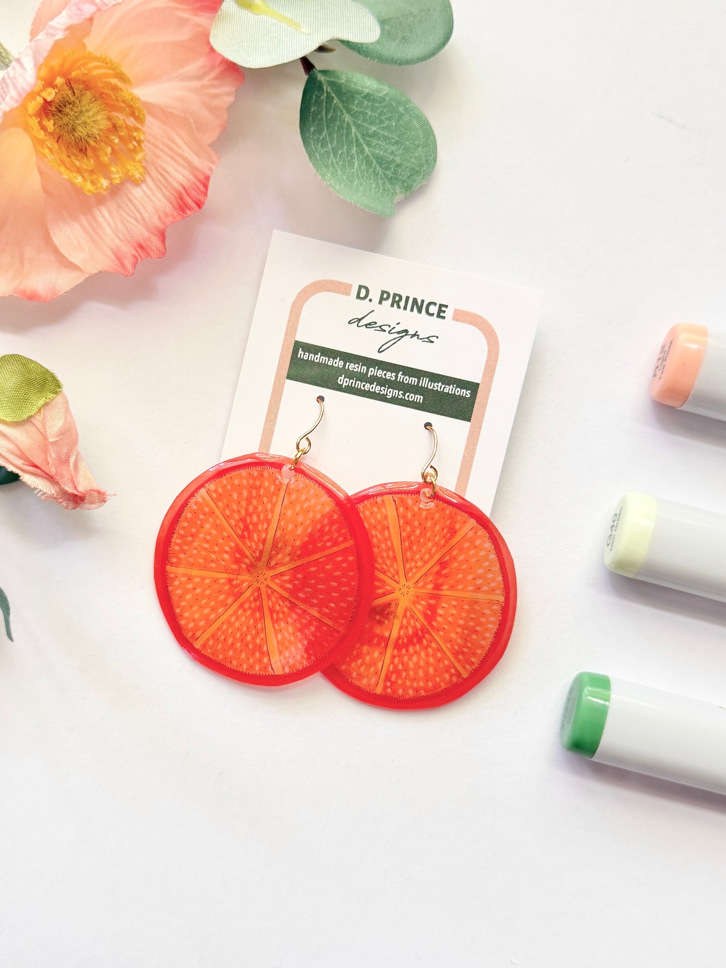 Hand-Illustrated Orange Slices | Handmade Acrylic + Resin Dangle Earrings