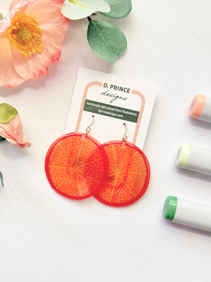 Hand-Illustrated Orange Slices | Handmade Acrylic + Resin Dangle Earrings