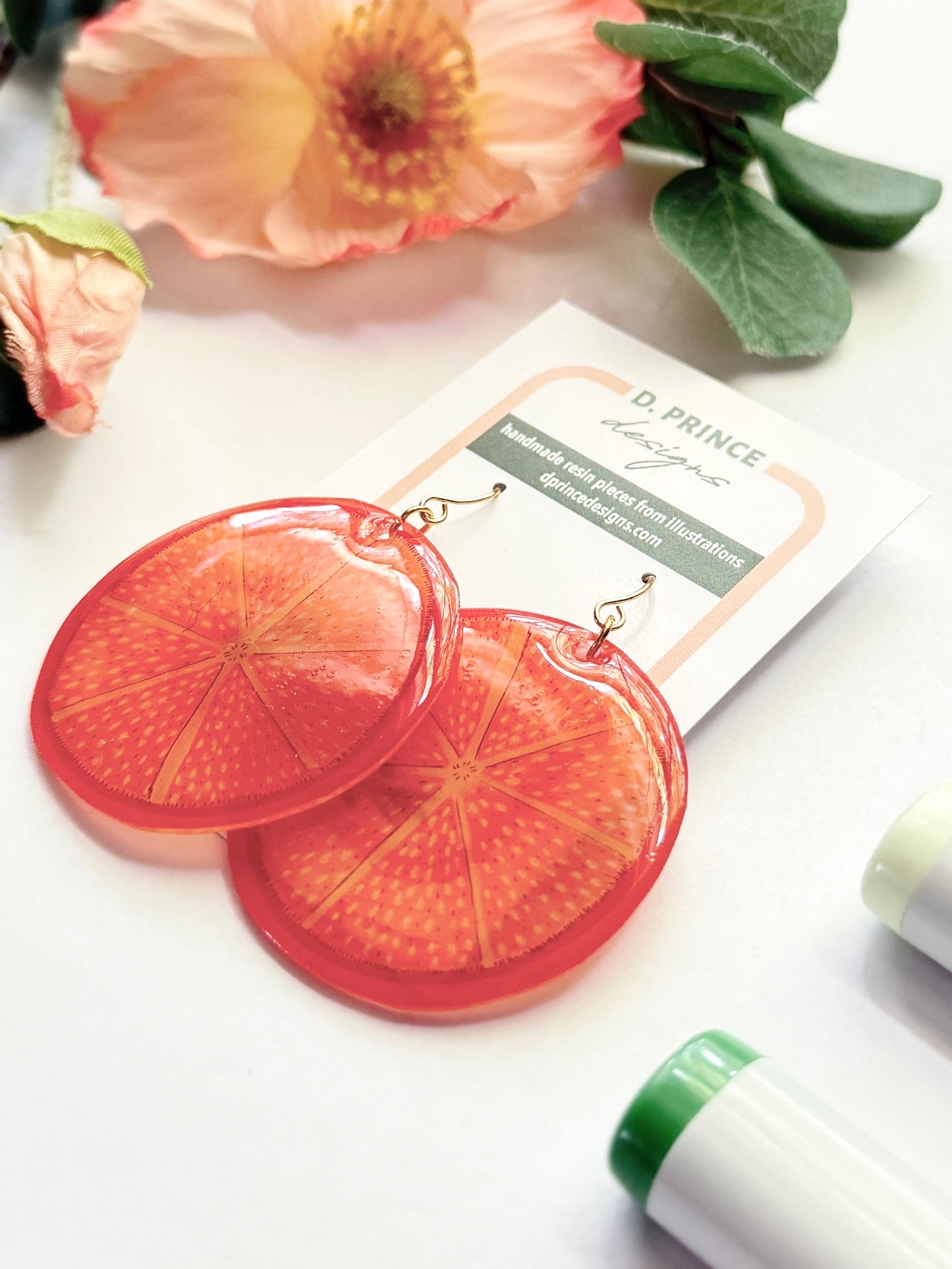 Hand-Illustrated Orange Slices | Handmade Acrylic + Resin Dangle Earrings