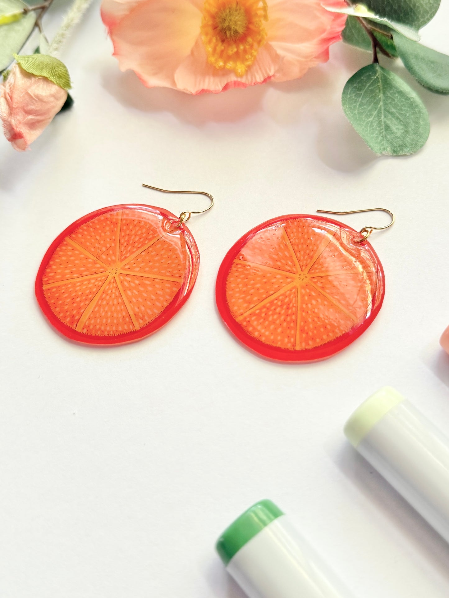 Hand-Illustrated Orange Slices | Handmade Acrylic + Resin Dangle Earrings