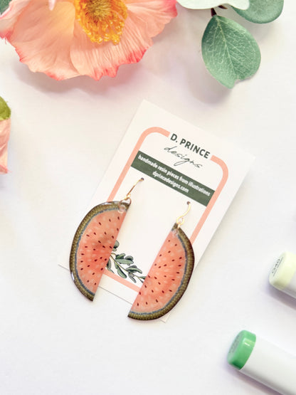 Hand-Illustrated Watermelon Slices | Handmade Acrylic + Resin Dangle Earrings