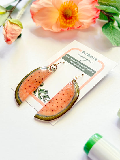 Hand-Illustrated Watermelon Slices | Handmade Acrylic + Resin Dangle Earrings