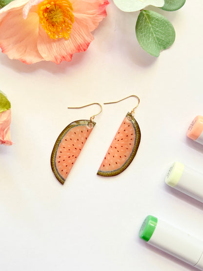 Hand-Illustrated Watermelon Slices | Handmade Acrylic + Resin Dangle Earrings