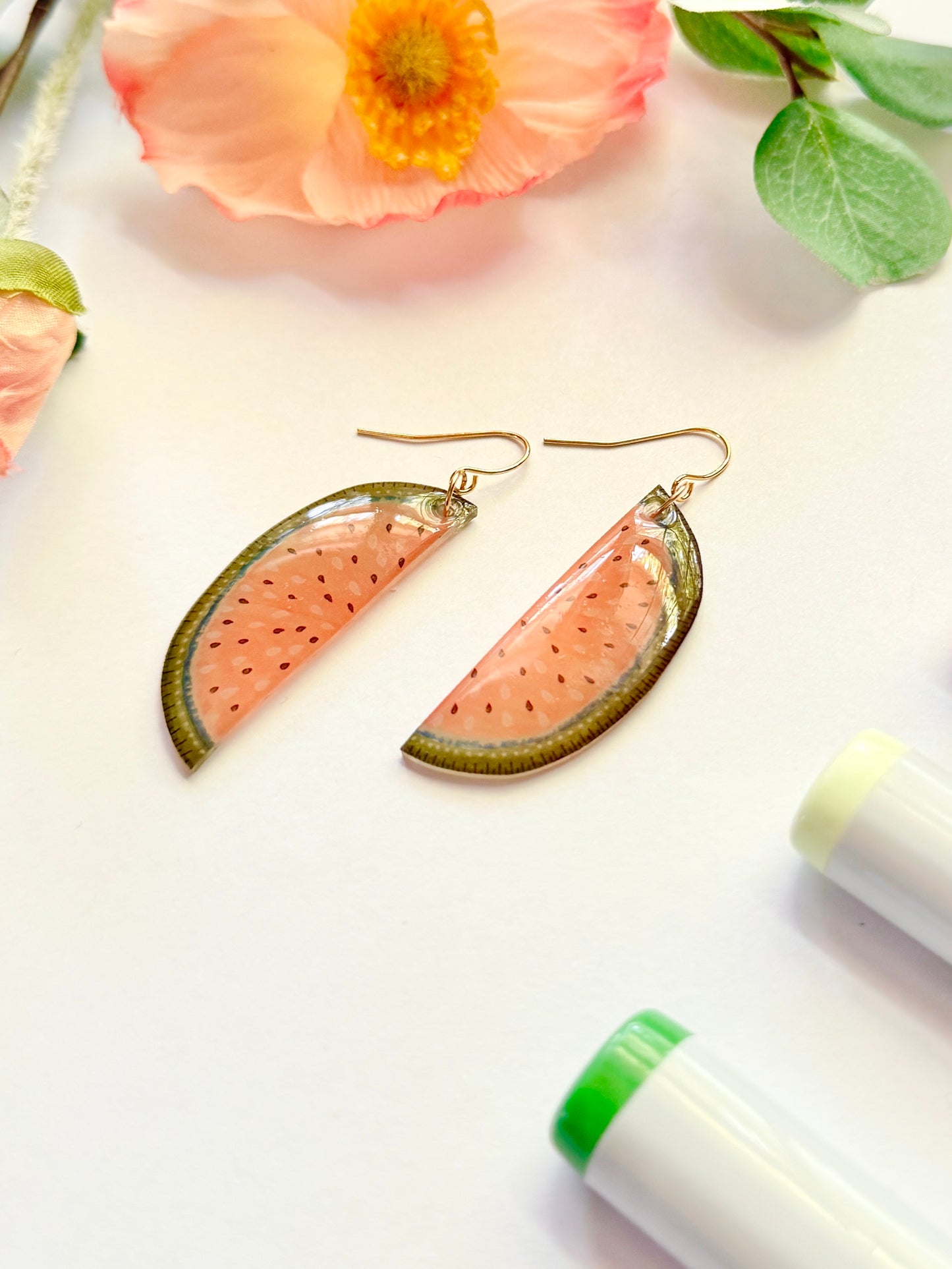 Hand-Illustrated Watermelon Slices | Handmade Acrylic + Resin Dangle Earrings