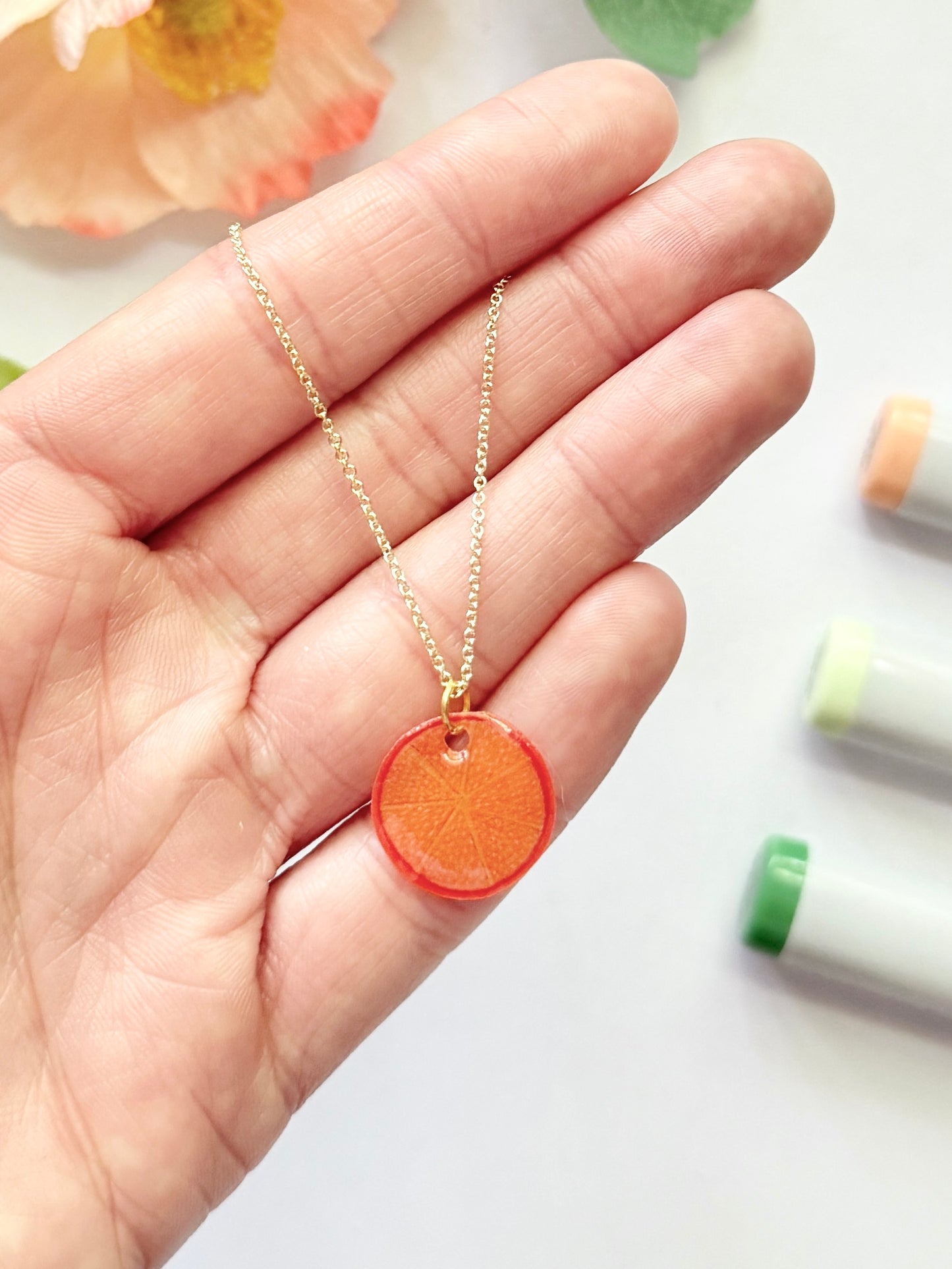 Hand-Illustrated Orange Slice | Handmade Acrylic Necklace