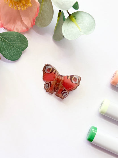 Hand-Illustrated + Handmade Red Peacock Butterfly Resin Hair Clip